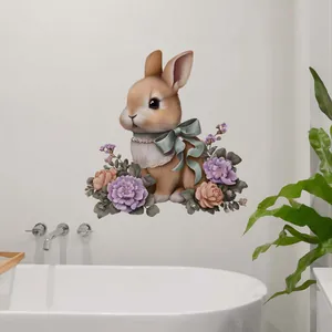 Detail of Easter bunny and floral wall sticker on white bathroom wall with a cozy vibe