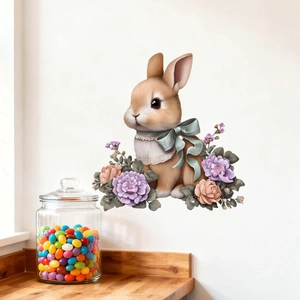 Close-up of Easter rabbit wall sticker with mint bow and colorful floral details