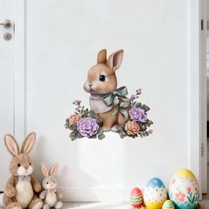 Detailed realistic bunny wall sticker with floral patterns on a white door decor