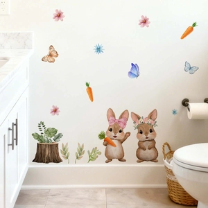 Creative Easter bunny wall decals with flowers and carrots for living room decoration