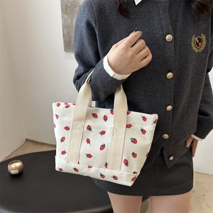 Women Corduroy Strawberry Print Tote Bag Kawaii Japanese Style Large Capacity Shoulder Bag Casual Canvas Handbag For School Daily Shopping