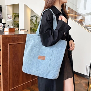 Women Large Capacity Denim Tote Bag Casual Washed Fabric Shoulder Bag Fashion Street Style Handbag With Front Pocket