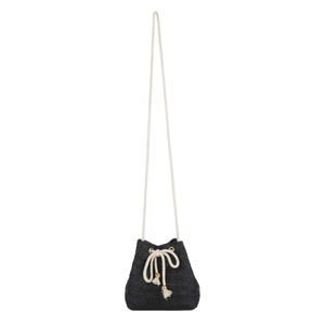 Stylish black woven straw bucket bag with cotton rope strap and tassel details