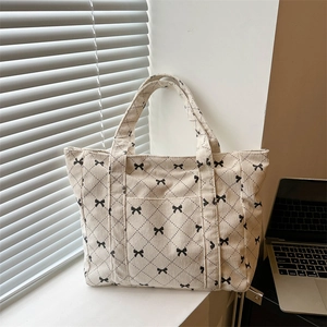 Corduroy Tote Bag For Women Large Capacity Quilted Rhombic Shoulder Bag With Bow Print Casual Commute Handbag
