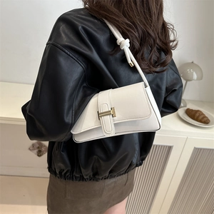 Women PU Leather Underarm Shoulder Bag Fashion Metal Buckle Flap Rectangular Handbag With Knotted Strap Daily Versatile