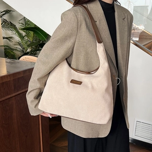 Corduroy Tote Bag For Women Retro Large Capacity Hobo Shoulder Bag With Synthetic Leather Trim Daily Casual Handbag