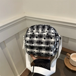 Women Canvas Crossbody Bag Plaid Checkered Heart Print Adjustable Wide Strap Casual Fashion Shoulder Bag