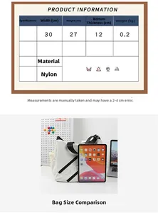 Size guide for large nylon tote bag showing dimensions 30x27x12cm and weight 0.2kg