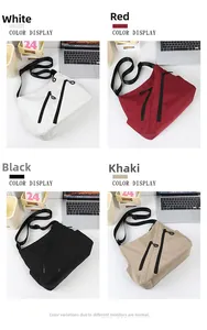 Color display of large nylon messenger bags in white, red, black, and khaki options