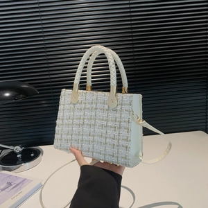 Sac à Épaule Élégant en Tweed pour Femmes Vintage Plaid Sac Bandoulière Poignée Tissée Quincaillerie Dorée Petit Sac Carré