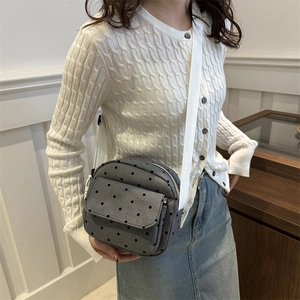 Polka dot crossbody bag for women with gray canvas and adjustable shoulder strap
