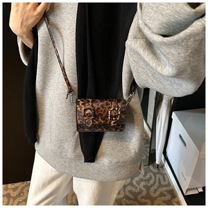 Detailed view of mini leopard print crossbody bag with dual square buckles and silver hooks