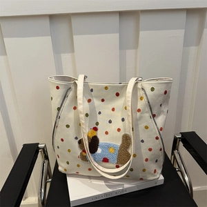 Sac Fourre-Tout En Toile Pois Colorés Écusson Chiot En Peluche Grande Capacité Mode Décontracté Sac À Bandoulière Femme Niche