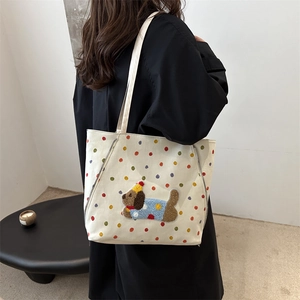 Sac fourre-tout chic en toile blanche à pois colorés et broderie de chien mignon
