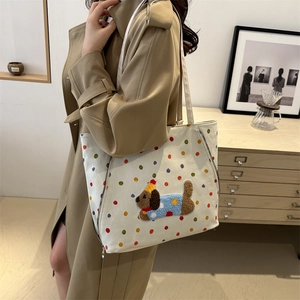 Sac cabas chic en toile crème avec pois colorés et broderie de chien mignonne