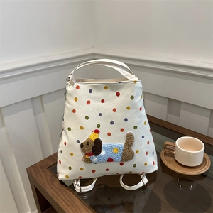 Sac en toile blanc minimaliste à pois colorés avec broderie de chien mignonne