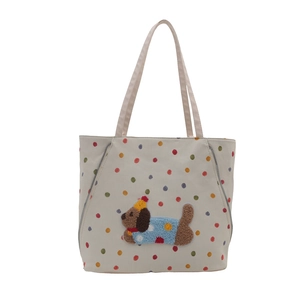 Sac fourre-tout minimaliste en toile crème avec pois colorés et broderie de chien peluche