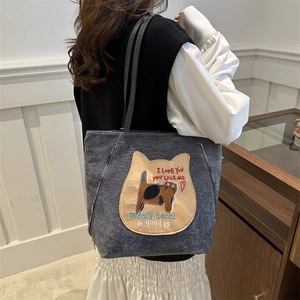Dark grey canvas tote bag with cute cat embroidery and large capacity for women