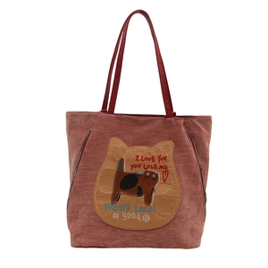 Deep red large capacity tote bag with cute cat patch embroidery and heart patterns