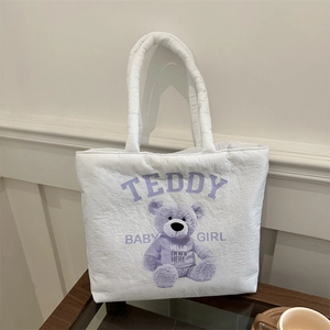 Borsa Tote In Nylon Trapuntata Borsa A Spalla Imbottita Stampa Orso Grande Capacità Stile Coreano Per Donne Ragazze