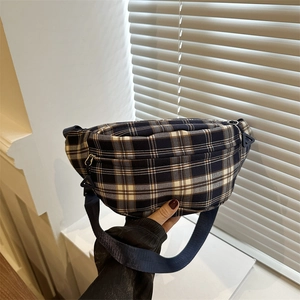 Classic plaid crossbody dumpling bag with adjustable navy nylon strap for women