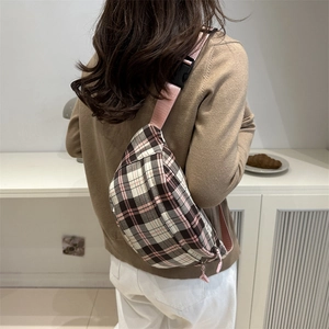 Plaid crossbody bag for women with pink adjustable strap and stylish casual design