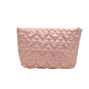 Pink heart quilted handbag with satin finish and golden zipper closure for women