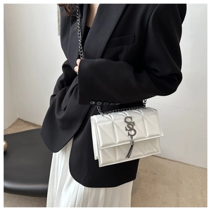 Close-up of a white quilted crossbody bag with silver SS logo and chain fringe detail