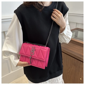 Detail of hot pink chain bag with triangle quilting, metal S logo, and stylish tassel