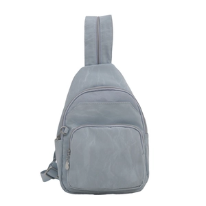 Light blue nylon crossbody chest bag with multi-pocket design and adjustable strap