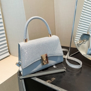Retro Women Small Square Shoulder Bag Glitter Rhinestone Splicing PU Leather Crossbody Handbag With Gold Twist Lock
