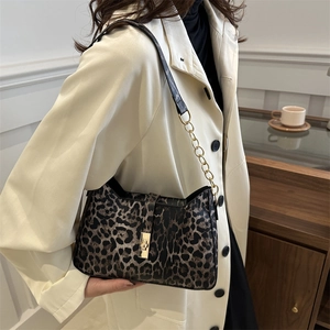 Leopard print square handbag with gold chain strap and buckle shown on a model