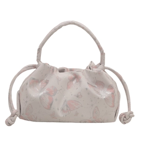 Pleated shoulder bag featuring Chinese style butterfly print and drawstring details