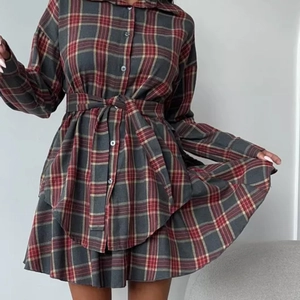 Ensemble robe chemise à carreaux 2025 pour femme avec manches longues et ceinture nouée