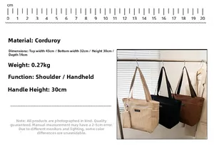 Dettagli dimensioni borsa shopper in velluto a coste con altezza manico e peso leggero