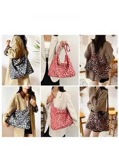 Detailed views of high-capacity leopard print tote bags in various stylish colors