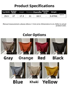 Detailed size chart for minimalist tote bag showing dimensions and seven color options