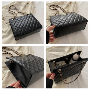 Detailed views of a black quilted tote bag with gold chain strap and large interior capacity