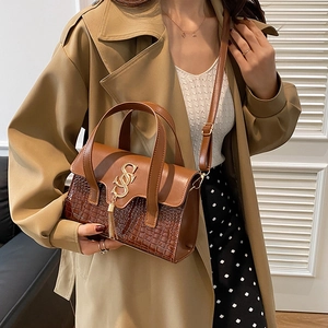 Brown two-tone luxury crossbody bag with crocodile texture and gold tassel hardware