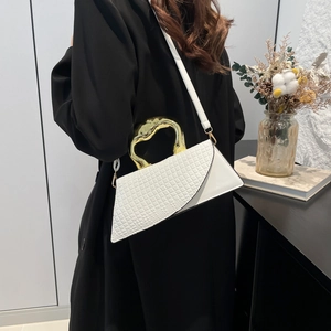 White asymmetric crossbody bag with crocodile texture and gold metal handle for women