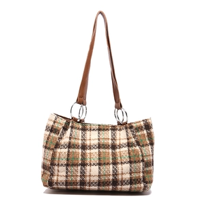 Classic plaid tweed tote bag with leather straps for women's autumn winter fashion