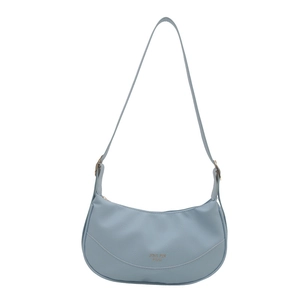 Light blue half-moon crossbody bag with lychee texture and gold letter detailing