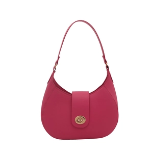 Hot pink leather crescent baguette bag with golden turn-lock closure on white background