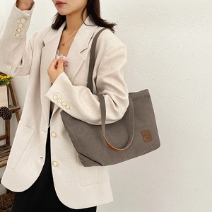Sac fourre-tout en toile gris foncé avec logo en cuir marron, grande capacité quotidien
