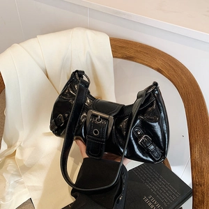 Shiny PU Leather Underarm Shoulder Bag For Women Retro Moto Style With Large Metal Buckle Versatile Baguette Purse