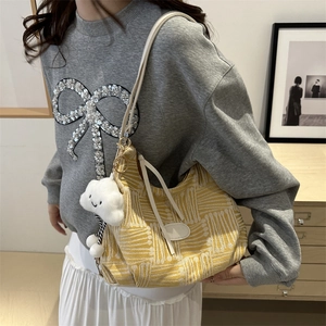 Women's Plaid Jacquard Tote Bag Large Capacity Casual Shoulder Crossbody Bag With Cloud Pendant Simple Trendy Hobo Handbag Fashion