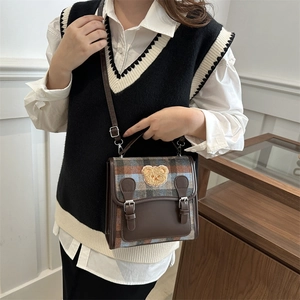 Fashionable brown and blue plaid wool tote backpack with teddy bear embroidery for women