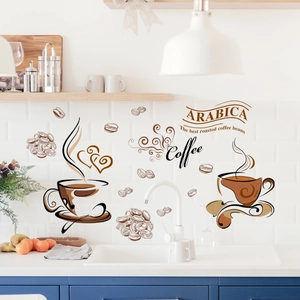 Self-adhesive coffee cup wall decals with beans for kitchen and cafe wall decoration