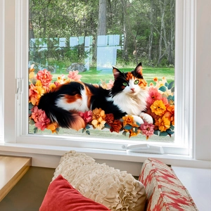 Adesivo Statico Finestra Gatto Calicò Fiori PVC Doppia Faccia Decalcomania Vetro Decorazione Casa Riutilizzabile Senza Adesivo