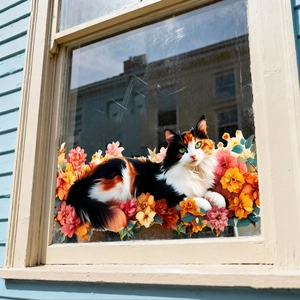 Adesivo statico per finestre con gatto calico e fiori per la decorazione della casa